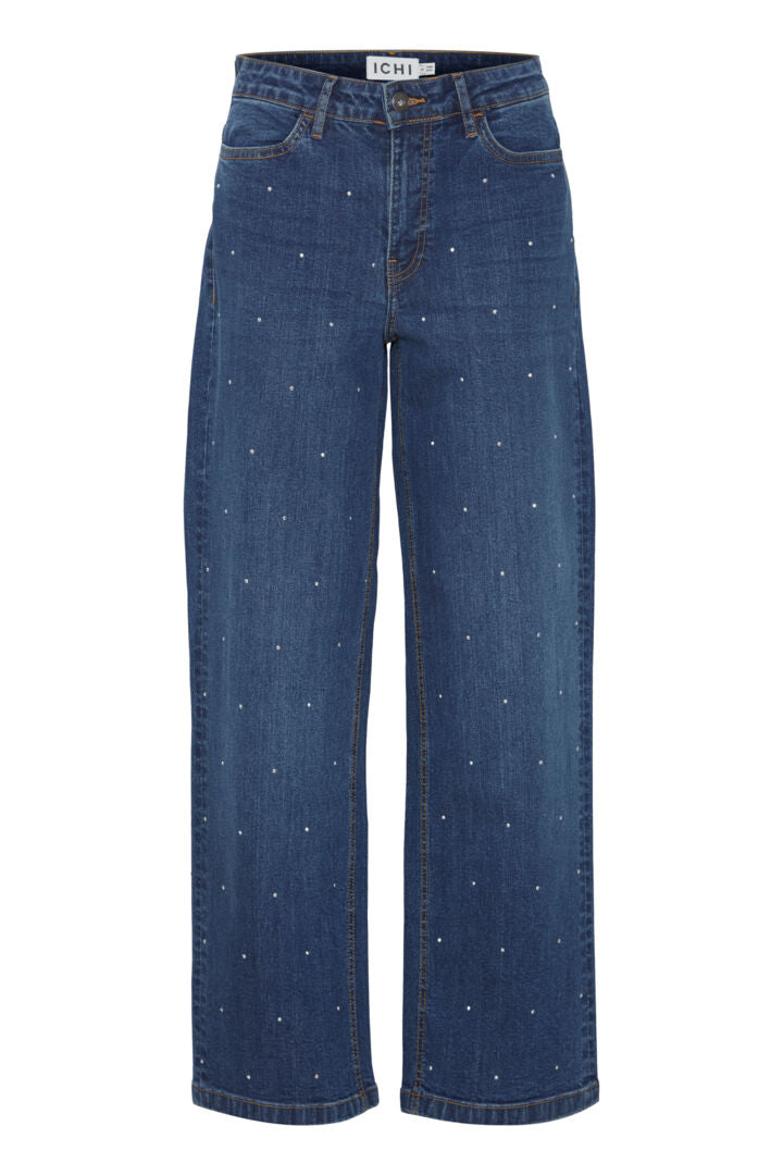 ICHI Javenny Denim Wide Jeans med Sølv pyntesten/Nitter- IHJAVENNY
