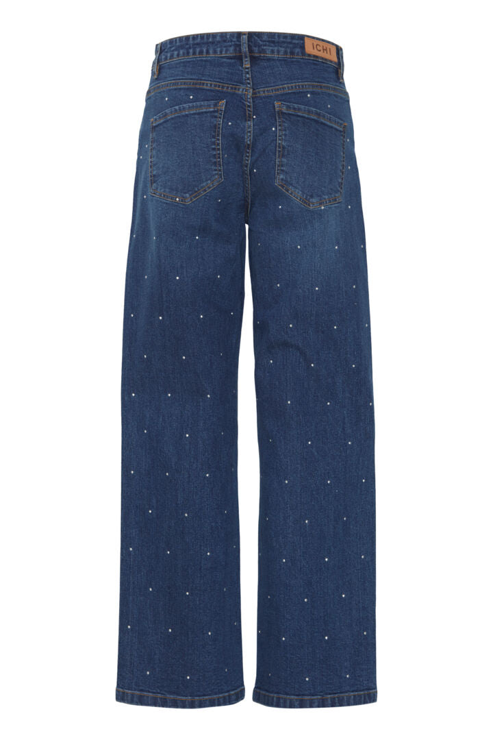 ICHI Javenny Denim Wide Jeans med Sølv pyntesten/Nitter- IHJAVENNY